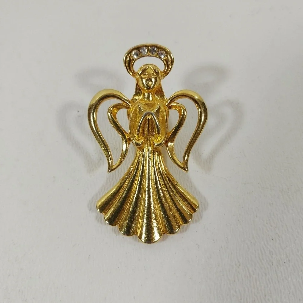 Gold Tone Metal Angel-Shaped Brooch Pin, Angels‎ Theme, Gold Color, Gemstones